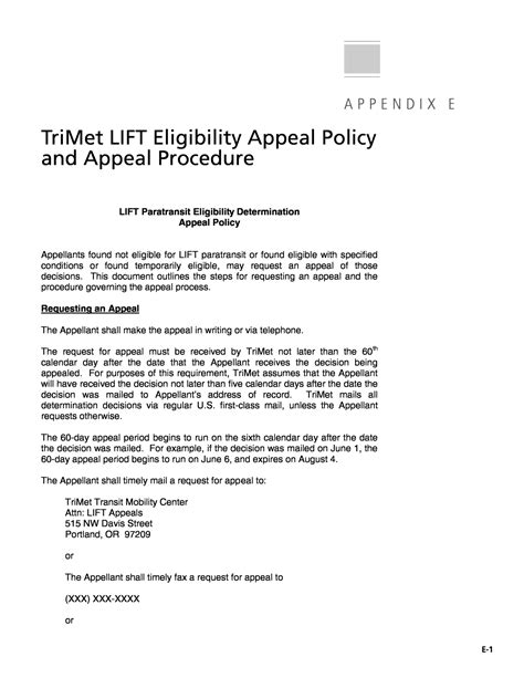 Appendix E - TriMet LIFT Eligibility Appeal Policy and Appeal Procedure ...