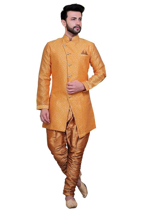 Buy Avaeta Jacquard Embroidered Men Yellow Sherwani With Heram Pant at ...