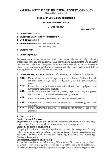Engineering Professional Practice Syllabus (EX4003) - KIIT - Studocu