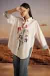 Buy Beige Cotton Sequins, Patchwork Collared Floral Embroidered Shirt ...