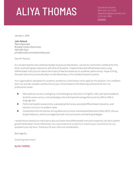 Substitute Teacher Cover Letter Examples and Templates for 2024 ...