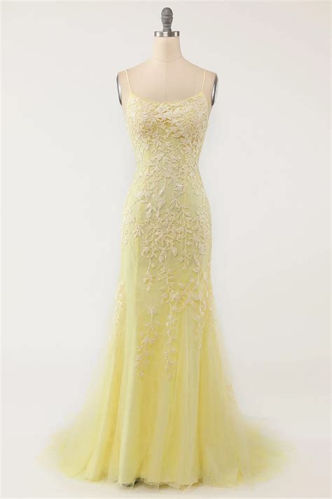 Backless Yellow Lace Long Prom Dresses, Mermaid Yellow Formal Dresses ...