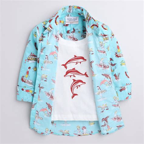 Polka Tots sea print full sleeve shirt with attached tshirt - sky blue ...
