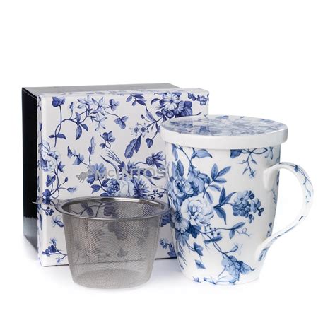Bone china tea mug with infuser, blue floral design - Terrestra