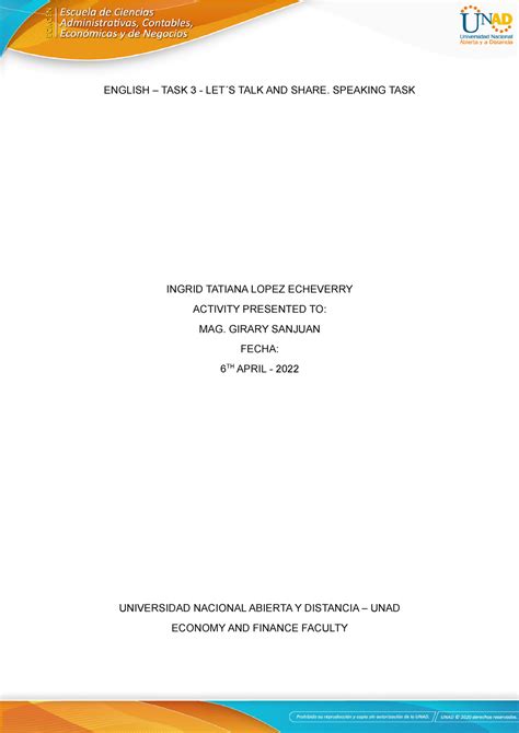 TASK 3 - NINGUNA - ENGLISH – TASK 3 - LET ́S TALK AND SHARE. SPEAKING ...