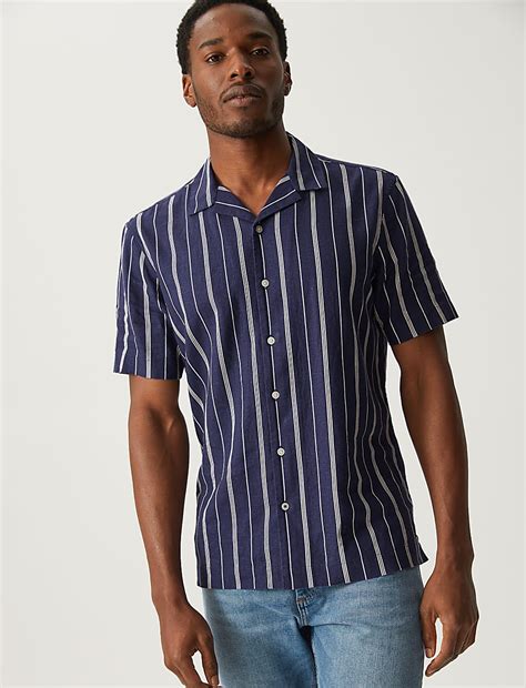 Buy Linen Blend Striped Cuban Collar Shirt at Marks & Spencer