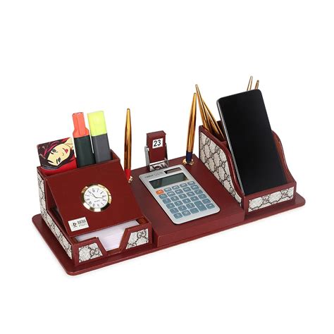 Brown Leather Multipurpose Desk Organizer Pen Stand Holder With ...