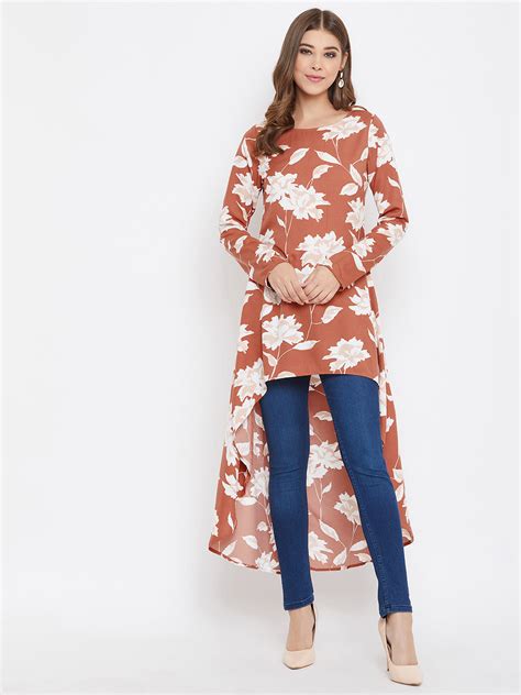 Women Brown & White Floral Printed High-Low Longline Top - Berrylush
