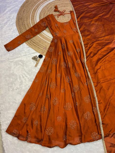 Ethnic Gown Set Satin Chiffon Embroidered And Handwork Gown And Dupatta