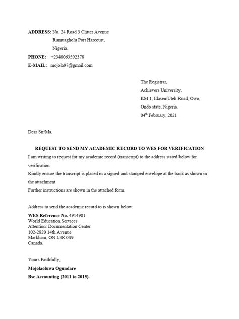 Image result for Transcript Request Letter Example