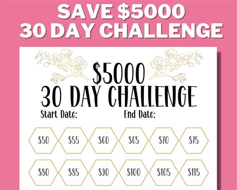 5K 30 Day Challenge PRINTABLE, 5000 Savings Challenge, Money Saving, 5K ...