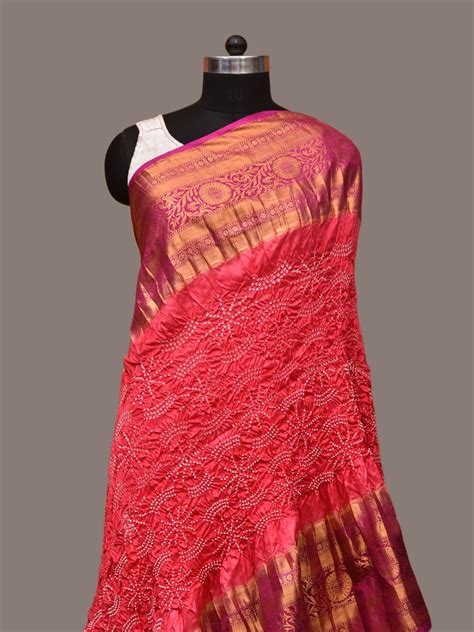 Peach Bandhani Kanchipuram Silk Handloom Dupatta with Border Design ds ...