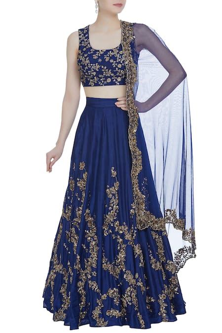 Buy Blue Raw Silk Embroidered Zardozi And Sequin Work Scoop Neck ...