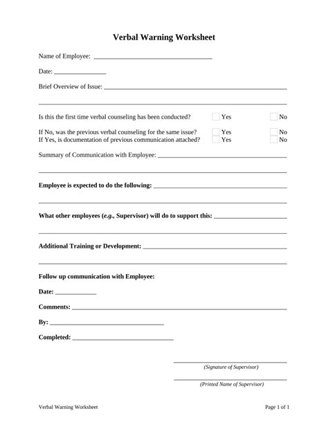 Verbal Warning Worksheet - Blank Fillable Template | Fill Out, Print ...