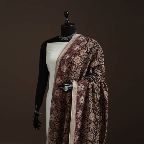 Black Natural Dyed Block Print Cotton Pedana Kalamkari Dupatta