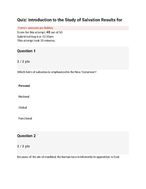 Quiz Introduction to the Study of Salvation Results - Score for this ...
