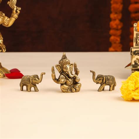 Brass Ganesha Idol With Elephants Combo – Vedansh Craft