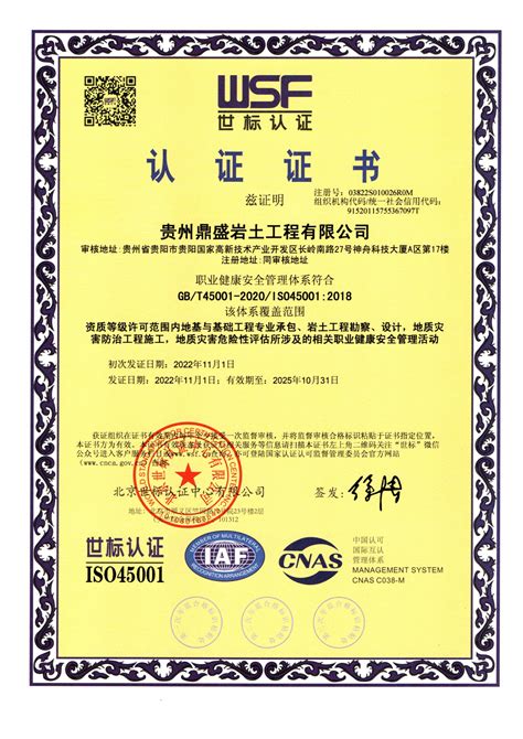 职业健康安全管理体系证书-贵州鼎盛岩土工程有限公司