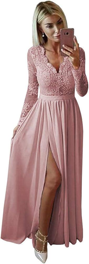 Buy POMUYOO Women's V Neck A Line Lace Chiffon Prom Dress Long Sleeve ...