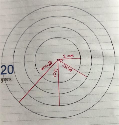 Draw four circles of radius 2cm,3cm,4cm and 5cm with the same centre P ...