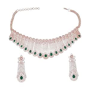 Buy Kushal's Fashion Jewellery Rose-Gold Plated Green Necklace Set With ...