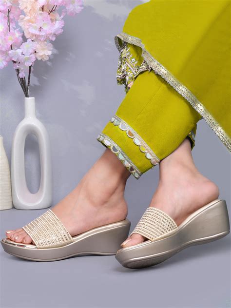 Women Gold Striped Embellished Wedges – ShoeTree
