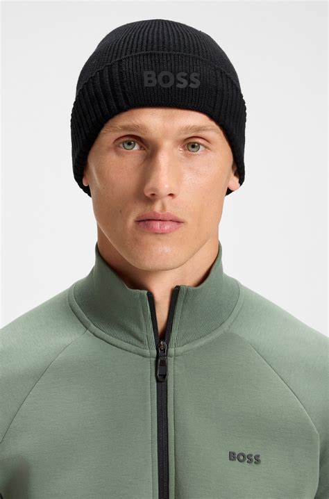 BOSS - Logo-detail beanie hat in cotton and virgin wool - Black