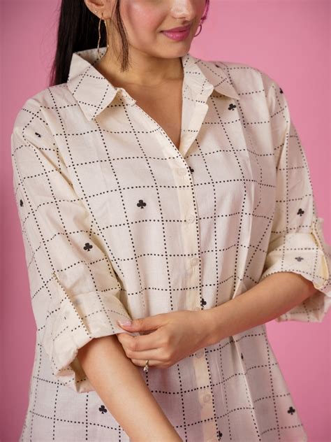 Ekisha women cotton white checks printed relaxed fit shirt