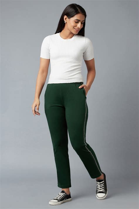 Buy Elleven Women's Dark Green Solid Straight Fit Cotton Pants With ...