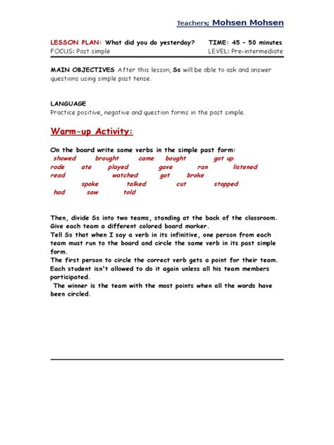 Teaching Simple Past Tense Lesson Plan 的图像结果