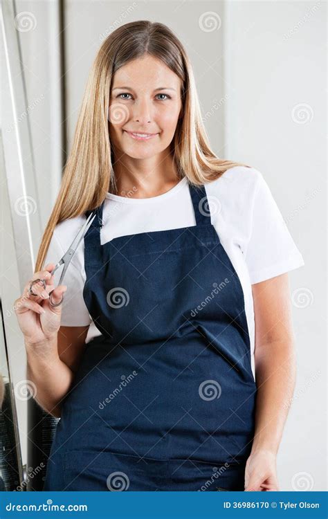 Female Hairdresser with Scissors in Parlor Stock Photo - Image of ...
