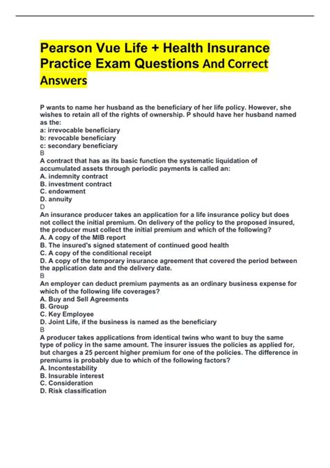 Pearson Vue Life + Health Insurance Practice Exam Questions And Correct ...