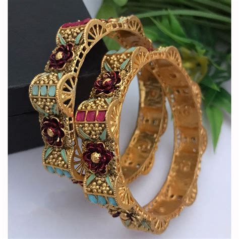 FS Collection Heritage Pota Stone And Meenakari Embellished Bangles Set ...
