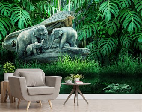 Elephant Family In Forest wallpaper for wall – Myindianthings