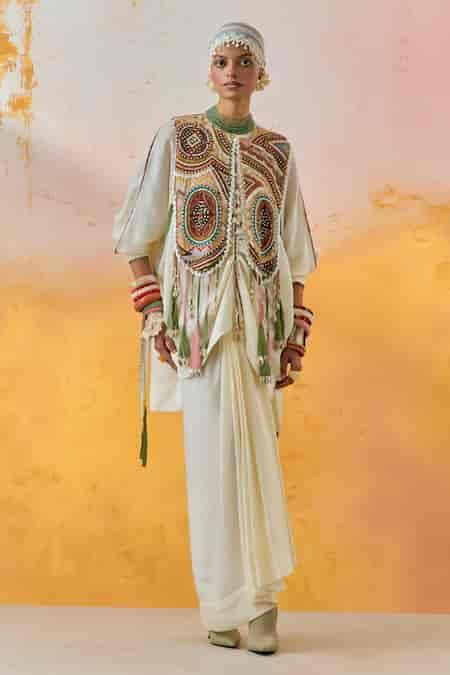 Buy Multi Color Satin, Beads, Embroidery Zuri Chevron Print Gilet For ...