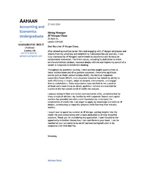 AAHAAN Cover Letter for JP Morgan Chase Internship Application - Studocu
