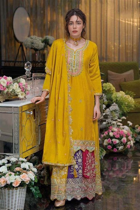 Wedding Style Pakistani Sharara Multi Color Ready To Wear Mustard Heavy ...