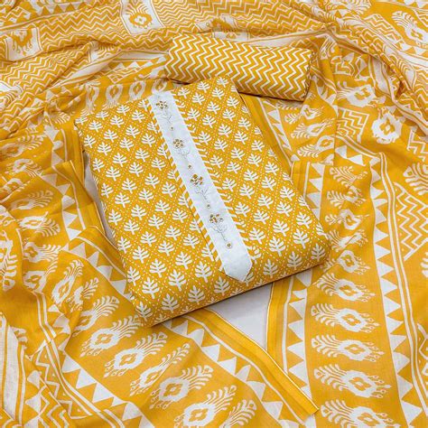 Mustard Floral Printed With Yoke Embroidered Pure Cotton Dress Materia