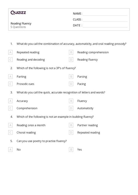 50+ Reading Fluency worksheets for 2nd Class on Quizizz | Free & Printable