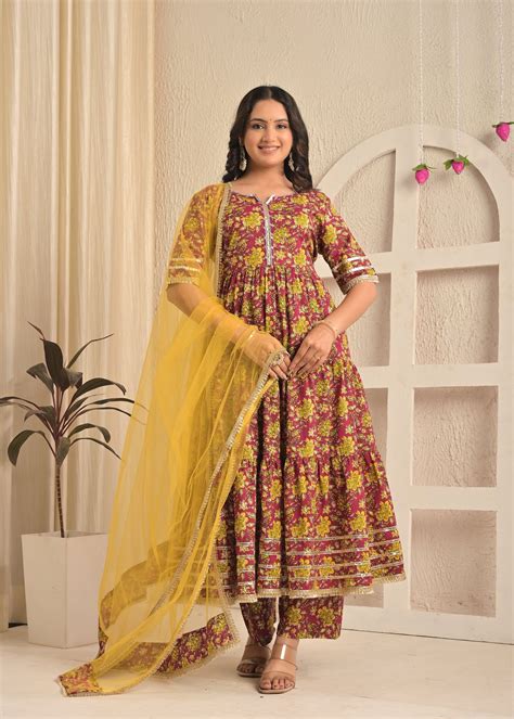 Wine Floral Printed Cotton Anarkali Kurta Set with Pant & Yellow Dupat ...