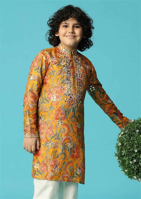 Yellow Kurta Pant With Thread And Mirror Work For Boys