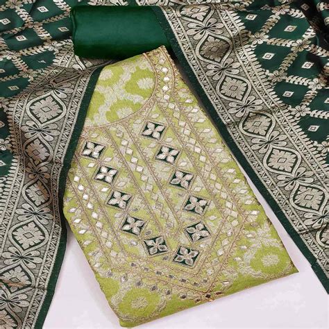 Green Floral Weaving Jacquard Dress Material With Cording & Gota Patti