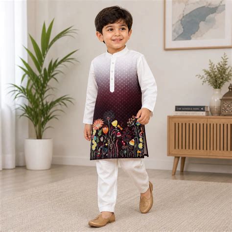 Boys White Kurta Pajama Set Floral Printed Ethnic Wear for Wedding and ...