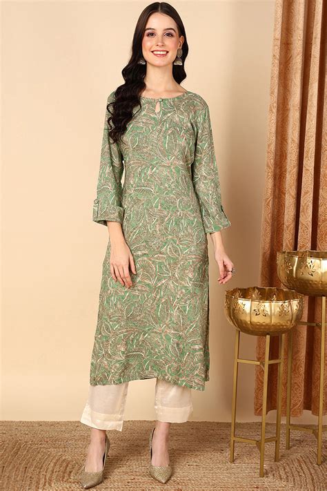 Green Viscose Rayon Ethnic Motifs Printed Straight Kurta VCK9523 – Ahika