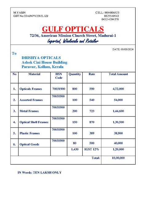 GULF Opticals Final - dfdfd - IN Words: TEN LAKSH ONLY M CELL ...