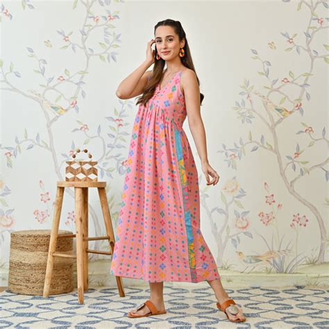 Buy Pale Pink Printed Strappy Shoulder Cotton Maxi Dress | Rustorange