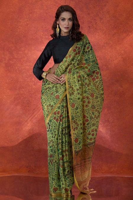 Buy Green Tissue, Cotton Zari Floral Print Saree With Running Blouse ...
