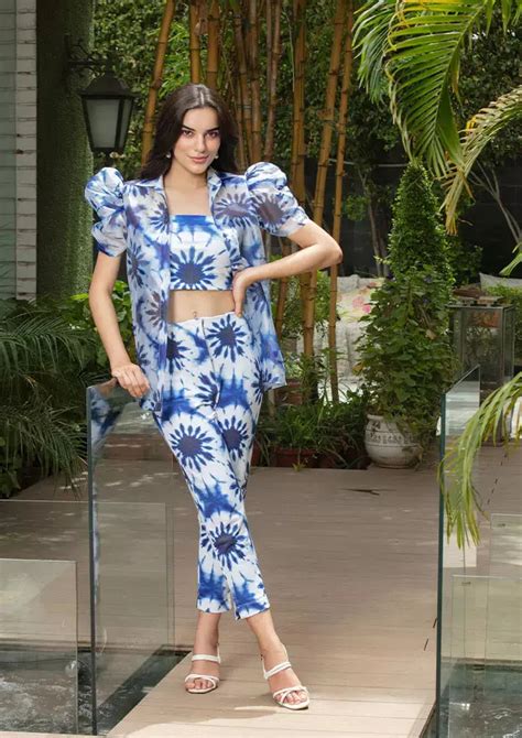 Three Piece Blue Splash Print Organza Puff Sleeve Shirt And Straight ...