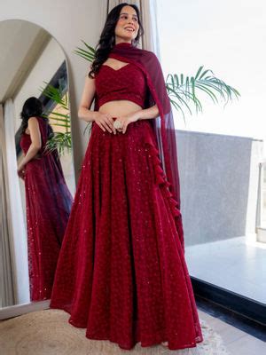 Buy HOUSE OF JAMOTI Twilight Maroon Chikankari Lehenga with Blouse ...