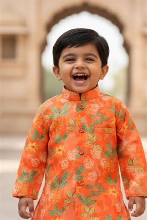 Orange Floral Printed Dhoti Set For Boys – Lagorii Kids
